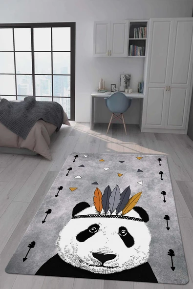 Kaymaz Taban Makinada Yıkanabilir Dijital Baskı Panda Desenli Çocuk Odası Halısı Dot Taban Halı RENKLİ 180 X 280
