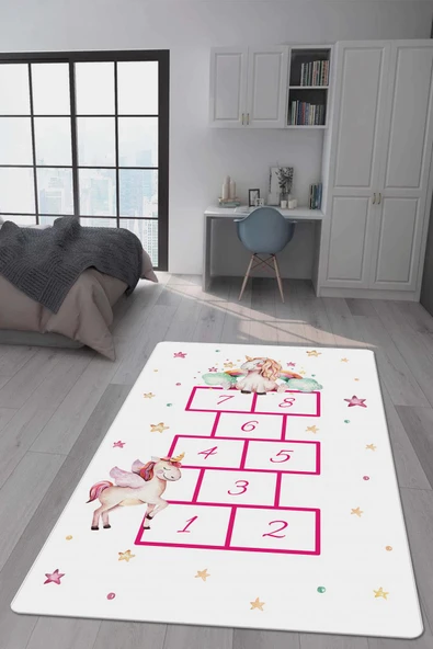 Kaymaz Taban Makinada Yıkanabilir Dijital Baskı Unicorn Seksek Desenli Çocuk Odası Halısı Dot Taban Halı RENKLİ 120 X 180