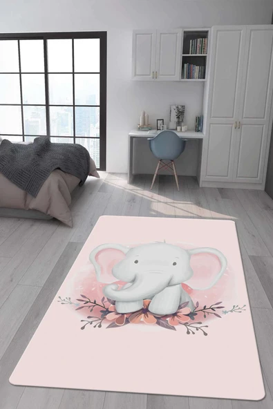 Kaymaz Taban Makinada Yıkanabilir Dijital Baskı Fil Desenli Çocuk Odası Halısı Dot Taban Halı RENKLİ 80 X 200