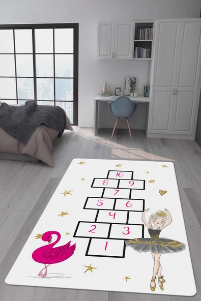 Kaymaz Taban Makinada Yıkanabilir Dijital Baskı Kız ve Seksek Desenli Çocuk Odası Halısı Dot Taban Halı RENKLİ 100 X 300