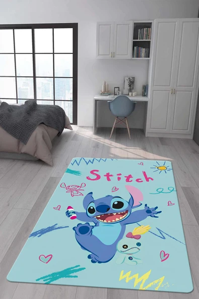 Kaymaz Taban Makinada Yıkanabilir Dijital Baskı Stitch Desenli Çocuk Odası Halısı Dot Taban Halı 0001 RENKLİ 140 X 200