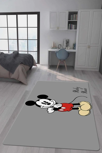 Kaymaz Taban Makinada Yıkanabilir Dijital Baskı Mickey Desenli Çocuk Odası Halısı Dot Taban Halı RENKLİ 80 X 150