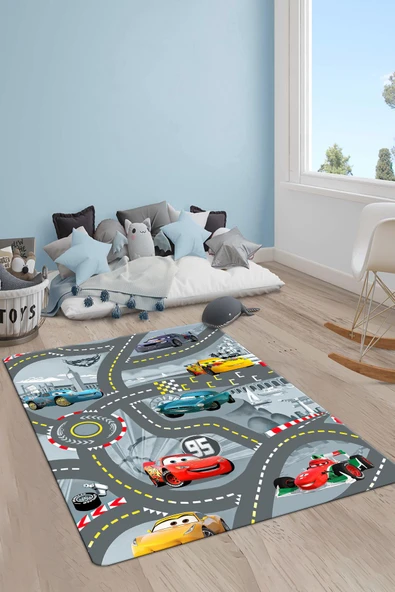 Kaymaz Taban Makinada Yıkanabilir Dijital Baskı Mcqueen Yol Desenli Çocuk Odası Halısı Dot Taban Halı RENKLİ 100 X 200
