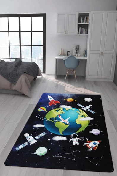 Kaymaz Taban Makinada Yıkanabilir Dijital Baskı Uzay Desenli Çocuk Odası Halısı Dot Taban Halı RENKLİ 80 X 150