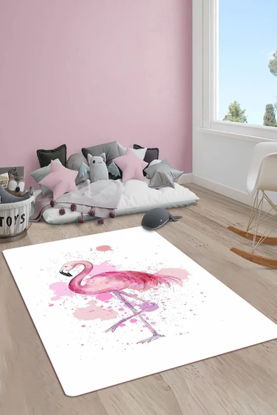 Kaymaz Taban Makinada Yıkanabilir Dijital Baskı Flamingo Desenli Çocuk Odası Halısı Dot Taban Halı RENKLİ 80 X 300