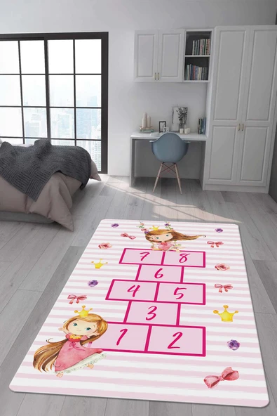 Kaymaz Taban Makinada Yıkanabilir Dijital Baskı Seksek Desenli Çocuk Odası Halısı Dot Taban Halı RENKLİ 80 X 200