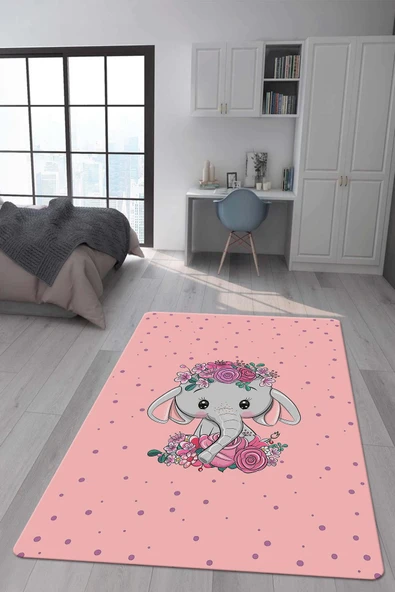 Kaymaz Taban Makinada Yıkanabilir Dijital Baskı Fil Desenli Çocuk Odası Halısı Dot Taban Halı RENKLİ 80 X 200