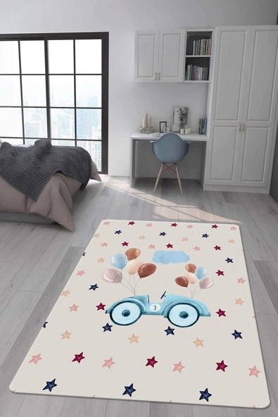 Kaymaz Taban Makinada Yıkanabilir Dijital Baskı Araba Desenli Çocuk Odası Halısı Dot Taban Halı RENKLİ 180 X 280