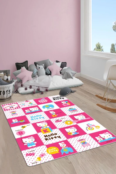 Kaymaz Taban Makinada Yıkanabilir Dijital Baskı Hello Kitty Desenli Çocuk Odası Halısı Dot Taban Halı RENKLİ 200 X 300