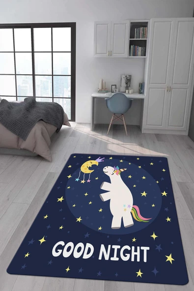 Kaymaz Taban Makinada Yıkanabilir Dijital Baskı Unicorn Desenli Çocuk Odası Halısı Dot Taban Halı RENKLİ 80 X 150