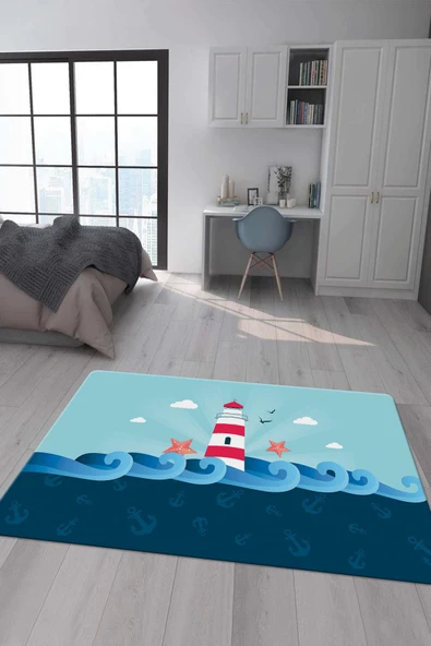 Kaymaz Taban Makinada Yıkanabilir Dijital Baskı Deniz Feneri Desenli Çocuk Odası Halısı Dot Taban Halı RENKLİ 200 X 300