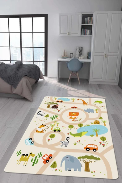 Kaymaz Taban Makinada Yıkanabilir Dijital Baskı Yol Desenli Çocuk Odası Halısı Dot Taban Halı RENKLİ 160 X 230
