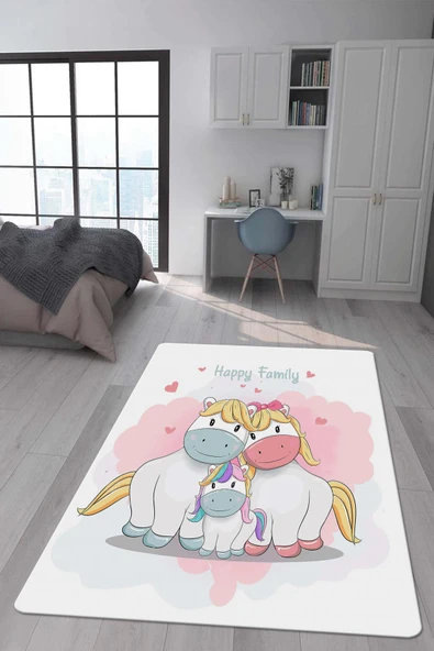 Kaymaz Taban Makinada Yıkanabilir Dijital Baskı Unicorn Aile Desenli Çocuk Odası Halısı Dot Taban Halı RENKLİ 100 X 300
