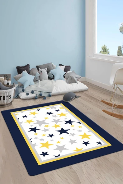 Kaymaz Taban Makinada Yıkanabilir Dijital Baskı Yıldız Desenli Çocuk Odası Halısı Dot Taban Halı 01 RENKLİ 100 X 300