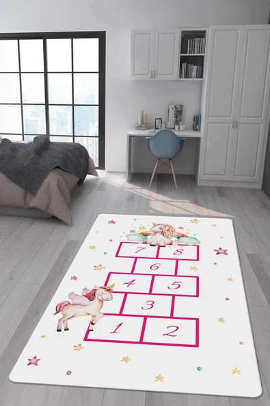 Kaymaz Taban Makinada Yıkanabilir Dijital Baskı Unicorn Seksek Desenli Çocuk Odası Halısı Dot Taban Halı RENKLİ 180 X 280