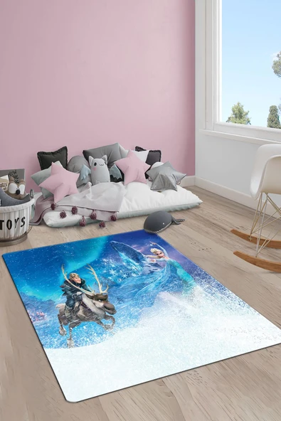 Kaymaz Taban Makinada Yıkanabilir Dijital Baskı Elsa Desenli Çocuk Odası Halısı Dot Taban Halı RENKLİ 80 X 150