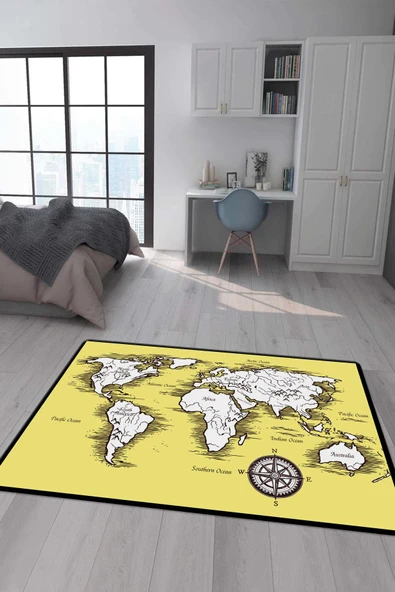 Kaymaz Taban Makinada Yıkanabilir Dijital Baskı Dünya Haritası Desenli Çocuk Odası Halısı Dot Taban Halı RENKLİ 100 X 300