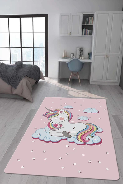 Kaymaz Taban Makinada Yıkanabilir Dijital Baskı Unicorn Desenli Çocuk Odası Halısı Dot Taban Halı RENKLİ 80 X 300