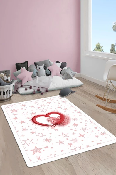 Kaymaz Taban Makinada Yıkanabilir Dijital Baskı Kalp Yıldız Desenli Çocuk Odası Halısı Dot Taban Halı RENKLİ 100 X 300