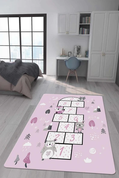 Kaymaz Taban Makinada Yıkanabilir Dijital Baskı Figürlü Seksek Desenli Çocuk Odası Halısı Dot Taban Halı RENKLİ 80 X 200