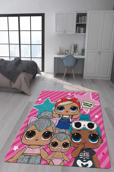 Kaymaz Taban Makinada Yıkanabilir Dijital Baskı Lol Bebekler Desenli Çocuk Odası Halısı Dot Taban Halı RENKLİ 100 X 300