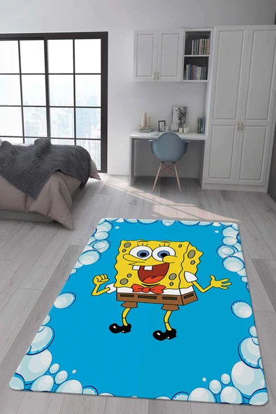 Kaymaz Taban Makinada Yıkanabilir Dijital Baskı SüngerBob Desenli Çocuk Odası Halısı Dot Taban Halı RENKLİ 180 X 280