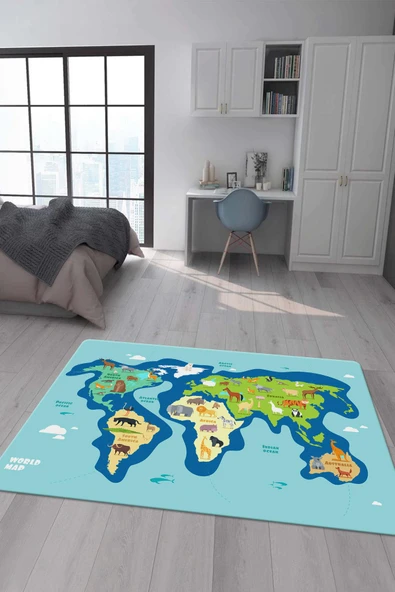 Kaymaz Taban Makinada Yıkanabilir Dijital Baskı Dünya Haritası Desenli Çocuk Odası Halısı Dot Taban Halı RENKLİ 140 X 200