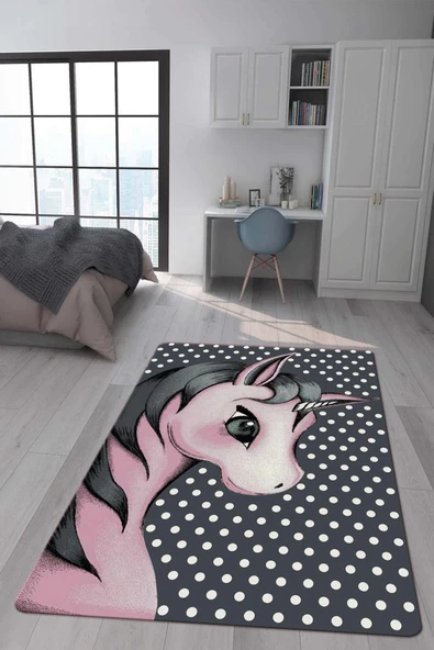 Kaymaz Taban Makinada Yıkanabilir Dijital Baskı Pembe Unicorn Desenli Çocuk Odası Halısı Dot Taban Halı RENKLİ 100 X 200
