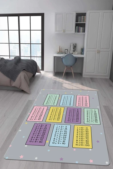 Kaymaz Taban Makinada Yıkanabilir Dijital Baskı Çarpım Tablosu Desenli Çocuk Odası Halısı Dot Taban Halı RENKLİ 80 X 150