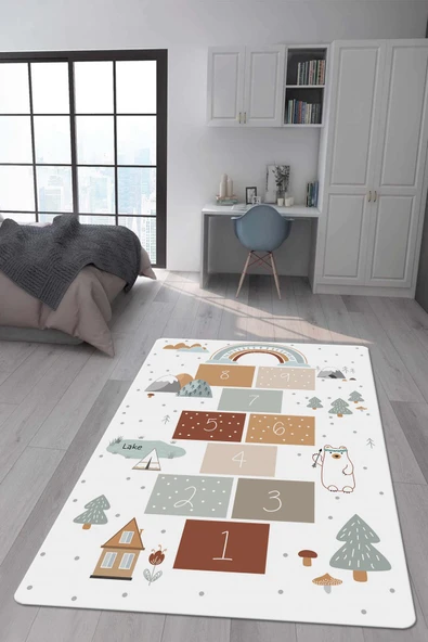 Kaymaz Taban Makinada Yıkanabilir Dijital Baskı Seksek Desenli Çocuk Odası Halısı Dot Taban Halı RENKLİ 180 X 280