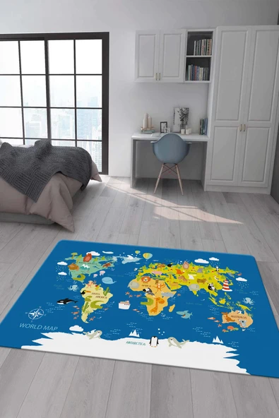 Kaymaz Taban Makinada Yıkanabilir Dijital Baskı Dünya Haritası Desenli Çocuk Odası Halısı Dot Taban Halı RENKLİ 120 X 180