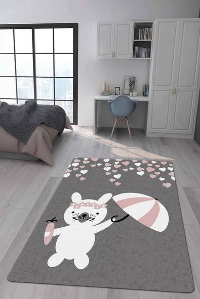 Kaymaz Taban Makinada Yıkanabilir Dijital Baskı Tavşan Desenli Çocuk Odası Halısı Dot Taban Halı RENKLİ 160 X 230