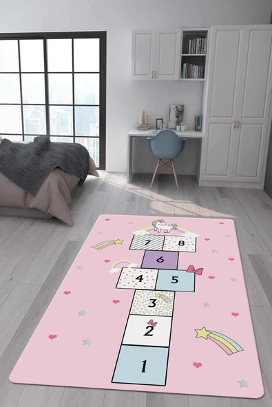 Kaymaz Taban Makinada Yıkanabilir Dijital Baskı Unicorn Seksek Desenli Çocuk Odası Halısı Dot Taban Halı RENKLİ 180 X 280