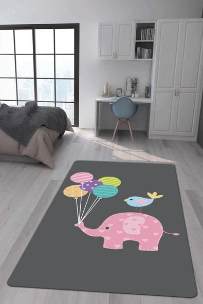 Kaymaz Taban Makinada Yıkanabilir Dijital Baskı Fil Balon Desenli Çocuk Odası Halısı Dot Taban Halı RENKLİ 180 X 280