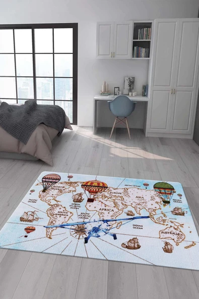 Kaymaz Taban Makinada Yıkanabilir Dijital Baskı Harita Kıtalar Desenli Çocuk Odası Halısı Dot Taban Halı RENKLİ 80 X 200