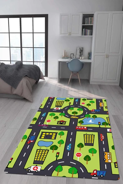 Kaymaz Taban Makinada Yıkanabilir Dijital Baskı Jungle Yol Desenli Çocuk Odası Halısı Dot Taban Halı RENKLİ 120 X 180