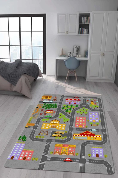 Kaymaz Taban Makinada Yıkanabilir Dijital Baskı Yol Desenli Çocuk Odası Halısı Dot Taban Halı RENKLİ 160 X 230