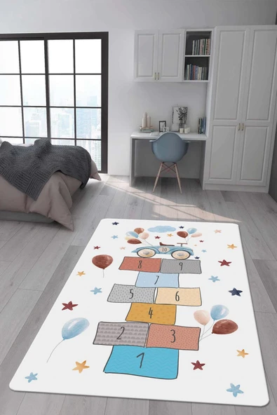 Kaymaz Taban Makinada Yıkanabilir Dijital Baskı Seksek Desenli Çocuk Odası Halısı Dot Taban Halı RENKLİ 180 X 280