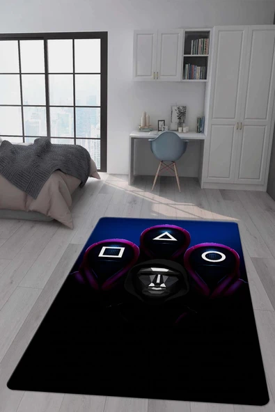 Kaymaz Taban Makinada Yıkanabilir Dijital Baskı Squid Game Desenli Genç Odası Halısı Dot Taban Halı GNC14 RENKLİ 80 X 150