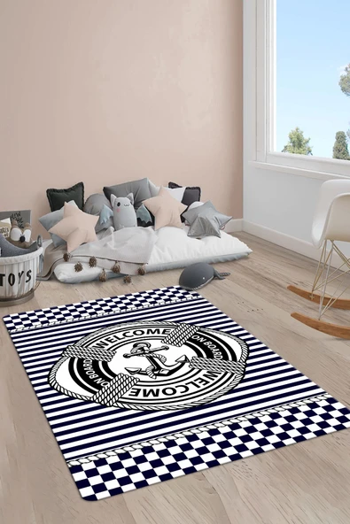 Kaymaz Taban Makinada Yıkanabilir Dijital Baskı Şerit Çapa Desenli Çocuk Odası Halısı Dot Taban Halı RENKLİ 80 X 150