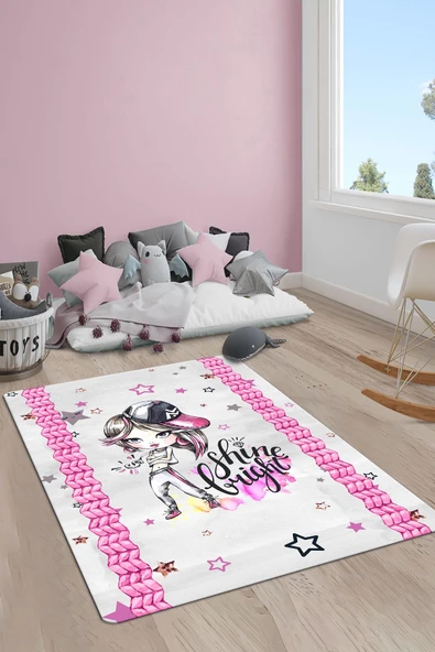 Kaymaz Taban Makinada Yıkanabilir Dijital Baskı Kız Desenli Çocuk Odası Halısı Dot Taban Halı RENKLİ 200 X 300