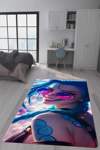 Kaymaz Taban Makinada Yıkanabilir Dijital Baskı Arcane Jinx Desenli Çocuk Odası Halısı Dot Taban Halı ARC06 RENKLİ 120 X 180