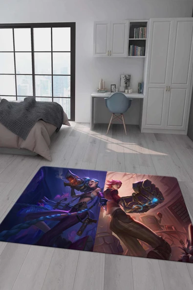 Kaymaz Taban Makinada Yıkanabilir Dijital Baskı Arcane Jinx ve Vi Desenli Çocuk Odası Halısı Dot Taban Halı ARC10 RENKLİ 100 X 200