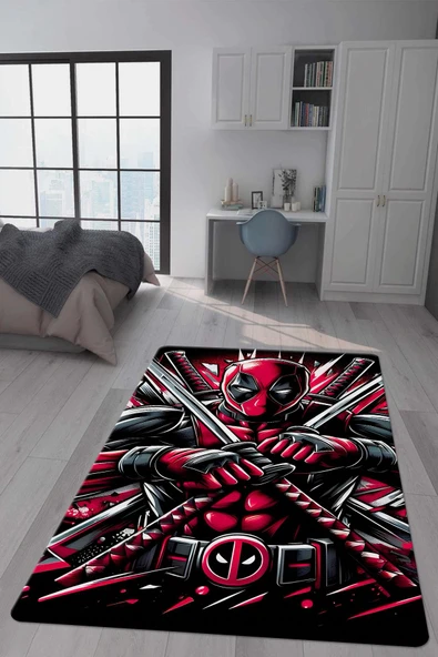 Kaymaz Taban Makinada Yıkanabilir Dijital Baskı Deadpool Desenli Genç Odası Halısı Dot Taban Halı GNC08 RENKLİ 120 X 180