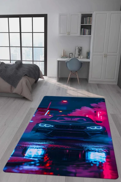 Kaymaz Taban Makinada Yıkanabilir Dijital Baskı Araba Desenli Genç Odası Halısı Dot Taban Halı GNC16 RENKLİ 100 X 300