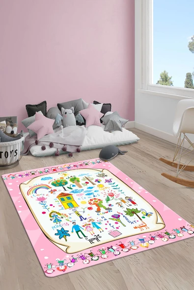 Kaymaz Taban Makinada Yıkanabilir Dijital Baskı Modern Desenli Çocuk Odası Halısı Dot Taban Halı RENKLİ 80 X 200