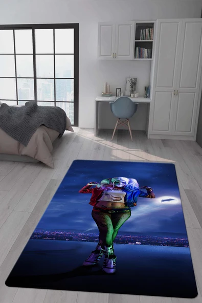 Kaymaz Taban Makinada Yıkanabilir Dijital Baskı Harley Quinn Desenli Genç Odası Halısı Dot Taban Halı GNC42 RENKLİ 100 X 300