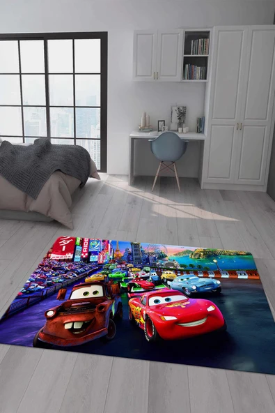 Kaymaz Taban Makinada Yıkanabilir Dijital Baskı Şimşek Mcqueen Desenli Genç Odası Halısı Dot Taban Halı GNC58 RENKLİ 80 X 200