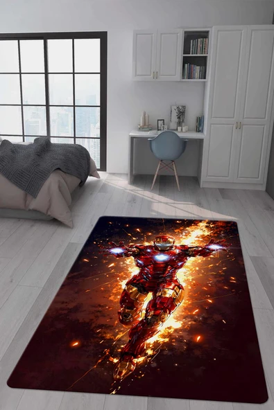 Kaymaz Taban Makinada Yıkanabilir Dijital Baskı İronman Desenli Genç Odası Halısı Dot Taban Halı GNC52 RENKLİ 100 X 300