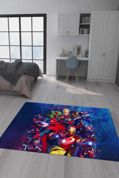 Kaymaz Taban Makinada Yıkanabilir Dijital Baskı Marvel Desenli Genç Odası Halısı Dot Taban Halı GNC22 RENKLİ 160 X 230
